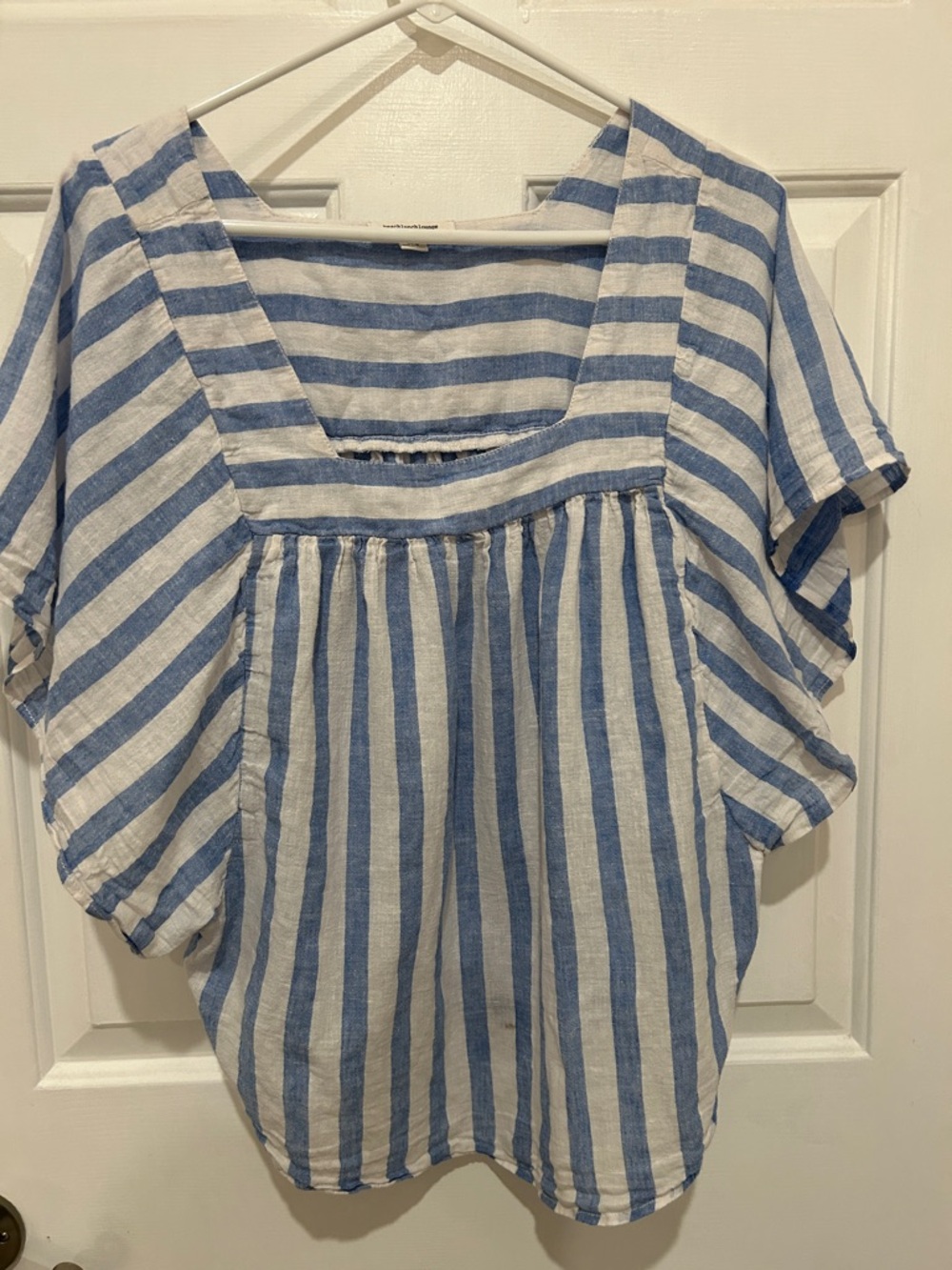 L Beach Lunch Lounge Blue and White Striped Linen and Cotton  Square-Neck Top
